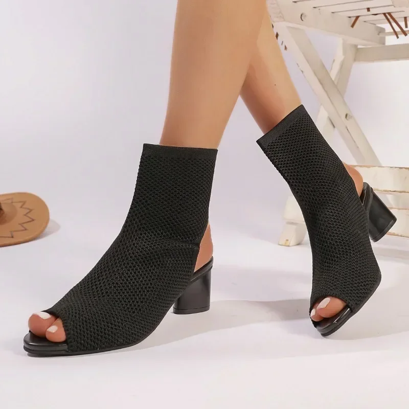 Women's One Kick Sandals Square Heel Peep Toe Elastic Knitting Women's Mesh Boots Summer Dress Leaked Heel Sandalias De Mujer
Women's One Kick Sandals Square Heel Peep Toe Elastic Knitting Women's Mesh Boots Summer Dress Leaked Heel Sandalias De Mujer