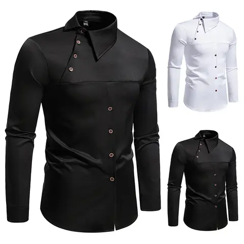 Men Long Sleeve Shirts Personality Slant Collar Mens Dress Shirt Casual Male Top Clothes Chemise Hemd Homme Shirt S55