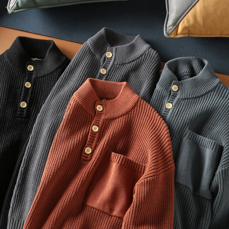 Мужской свитер в американском ретро-стиле из чистого хлопка с воротником-стойкой, на пуговицах, повседневный, модный, вязаный свитер с высоким воротником
Мужской свитер в американском ретро-стиле из чистого хлопка с воротником-стойкой, на пуговицах, повседневный, модный, вязаный свитер с высоким воротником