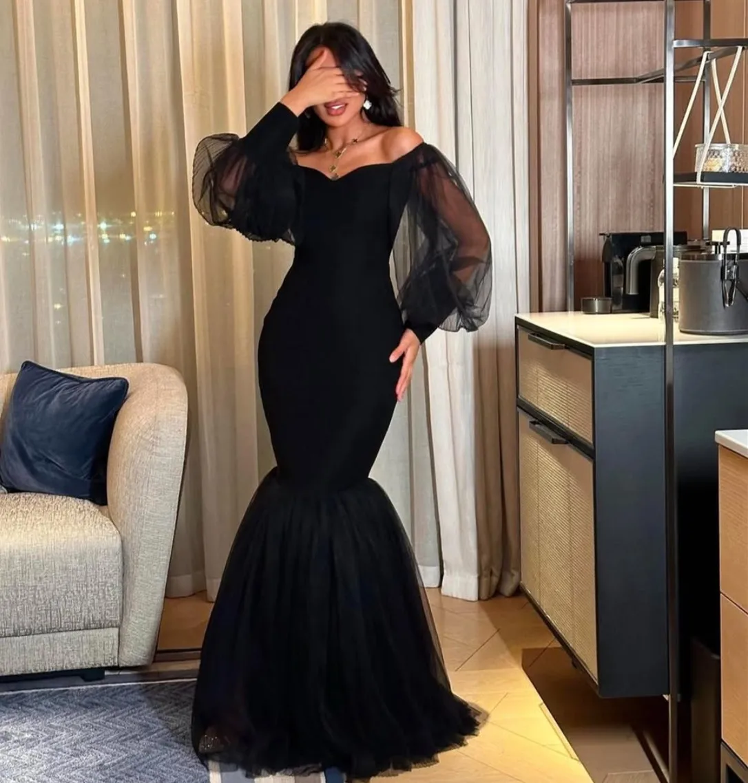 Customized Long Sleeve Black Evening Dresses Mermaid Tulle حزب اللباس Floor Length Pleated Prom Dresses for Women
Customized Long Sleeve Black Evening Dresses Mermaid Tulle حزب اللباس Floor Length Pleated Prom Dresses for Women