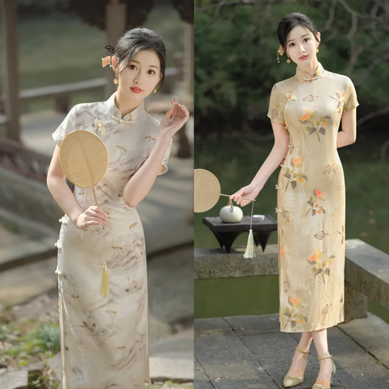 women Retro Chinese style long satin short sleeved dress 2024 spring/summer new style slim fit long dress
women Retro Chinese style long satin short sleeved dress 2024 spring/summer new style slim fit long dress