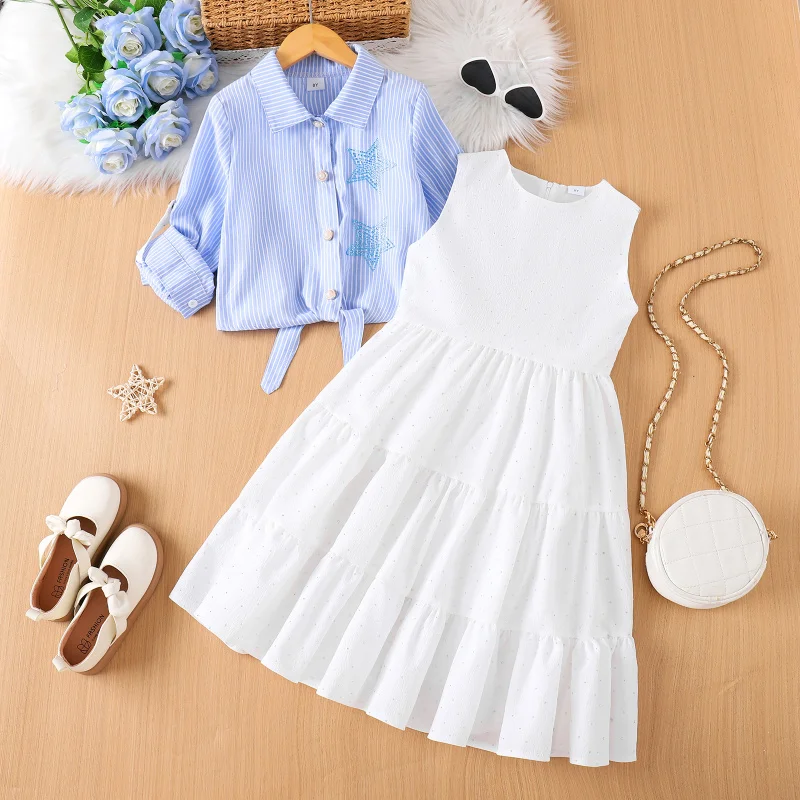 26New girls' striped shirt + Star Dress Set Sweet style spring and summer clothing direct supply
26New girls' striped shirt + Star Dress Set Sweet style spring and summer clothing direct supply