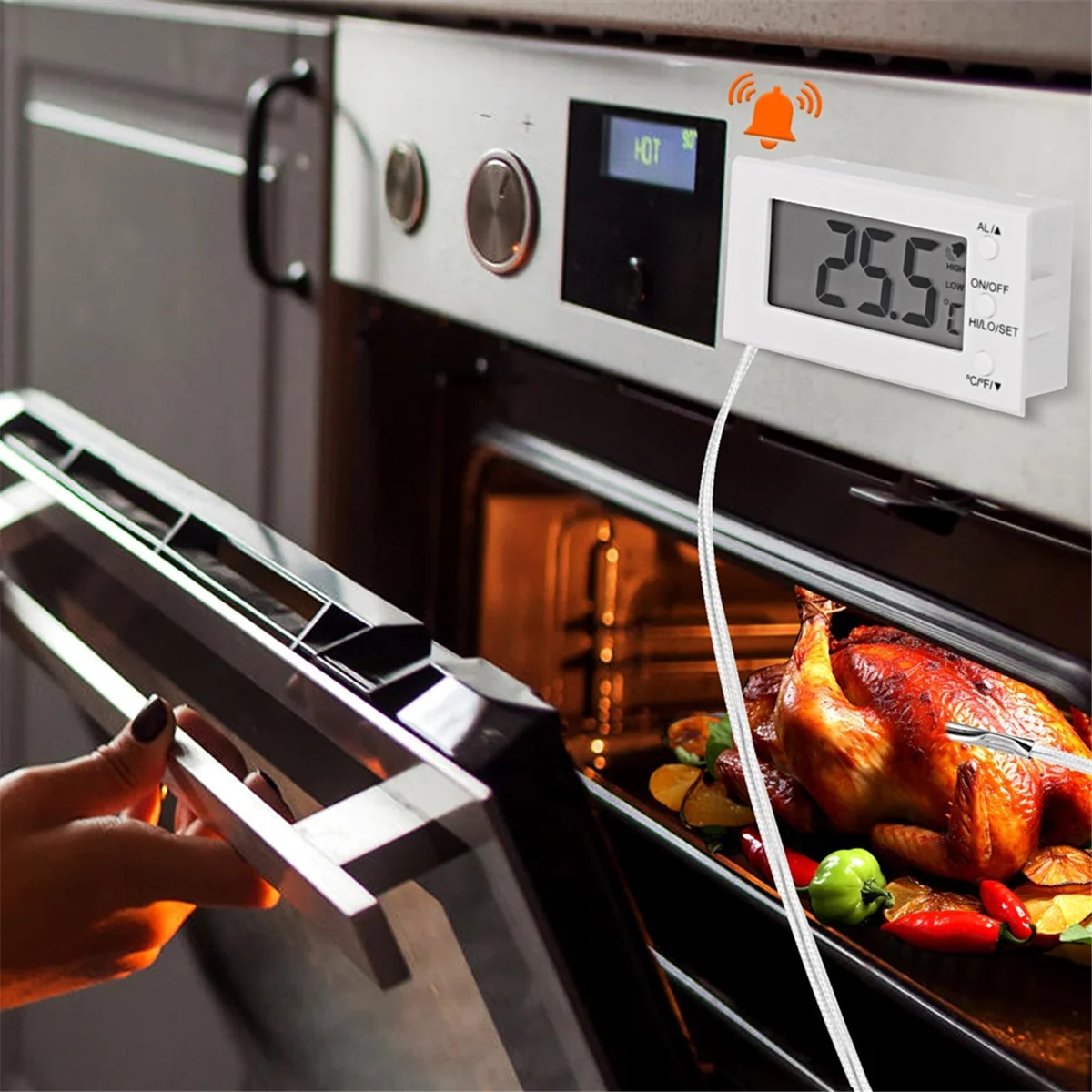 Digital Oven Thermometer with Probe -58°F to 572°F, High Low Temperature Alarm, LCD Display, Celsius/Fahrenheit Switch
Digital Oven Thermometer with Probe -58°F to 572°F, High Low Temperature Alarm, LCD Display, Celsius/Fahrenheit Switch