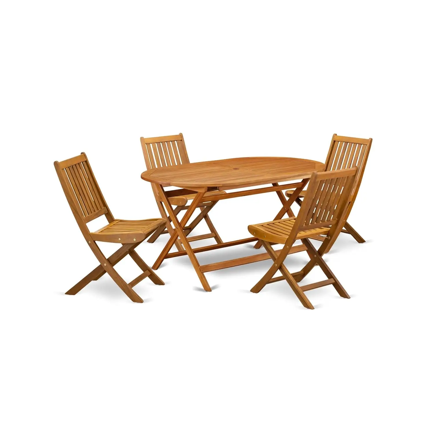 5pc Patio Acacia Wood Dining Set Oval Table & Folding Chairs 36x60in Natural Oil Finish, Customized
5pc Patio Acacia Wood Dining Set Oval Table & Folding Chairs 36x60in Natural Oil Finish, Customized