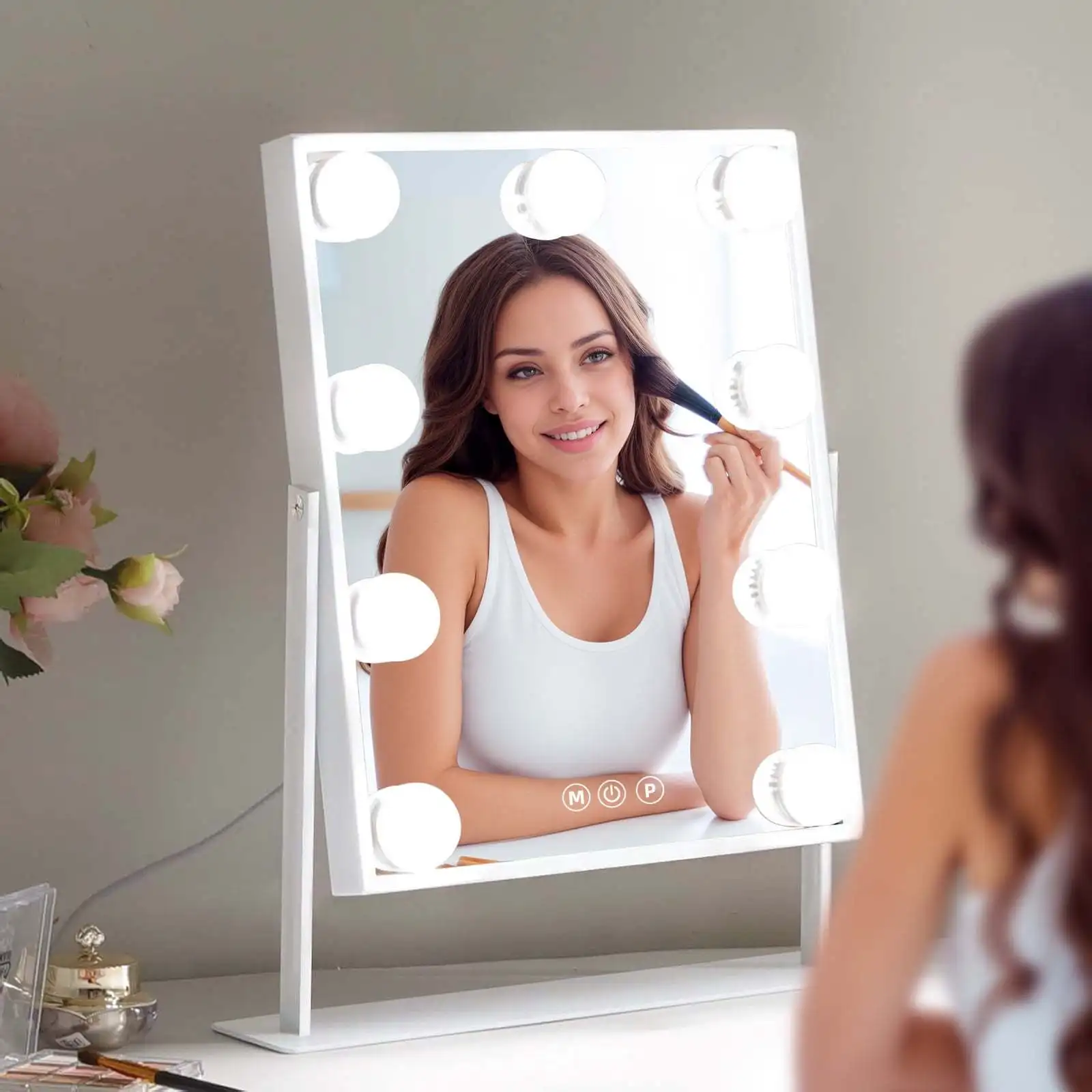 Illuminated vanity mirror with 9 LED bulbs, with detachable 10x magnifier, 3 color illumination modes, 360° swivel
Illuminated vanity mirror with 9 LED bulbs, with detachable 10x magnifier, 3 color illumination modes, 360° swivel