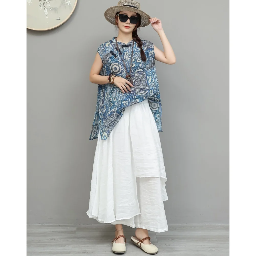 Printed Ramie Suit Women Mid-length Top With Diagonal Button + Loose Skirt-style Wide-leg Pants Two-piece Set Summer XY316
Printed Ramie Suit Women Mid-length Top With Diagonal Button + Loose Skirt-style Wide-leg Pants Two-piece Set Summer XY316