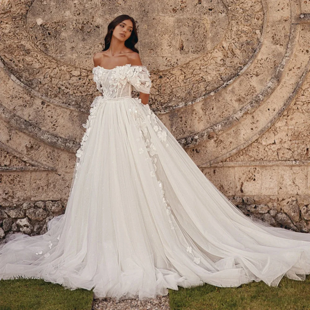Luxury Flowers Tulle Wedding Dress Princess Off the Shoulder Short Sleeves Open Back Bridal A-Line Floor Length Court Train Gown
Luxury Flowers Tulle Wedding Dress Princess Off the Shoulder Short Sleeves Open Back Bridal A-Line Floor Length Court Train Gown