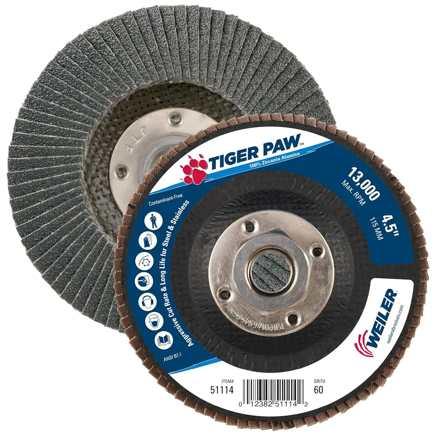 60 Grit 4-1/2" Flat Flap Disc, 5/8"-11 Nut, Zirconia, 10 Pack
60 Grit 4-1/2" Flat Flap Disc, 5/8"-11 Nut, Zirconia, 10 Pack