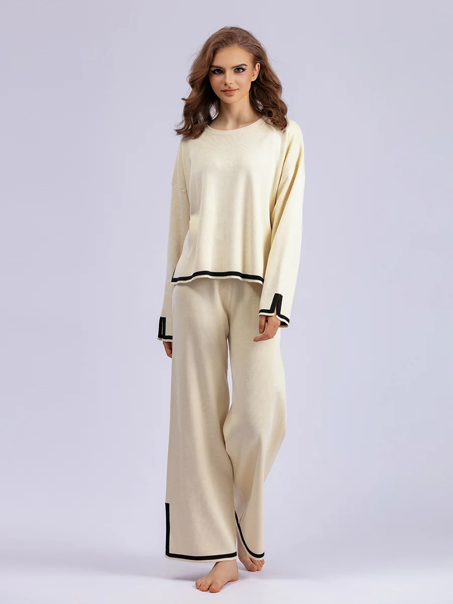 Contrast Split Long Sleeved Women Knit Sweater Set High Waist Slim Wide Leg Pants Suit 2023 Autumn Female Knitted Outfit
Contrast Split Long Sleeved Women Knit Sweater Set High Waist Slim Wide Leg Pants Suit 2023 Autumn Female Knitted Outfit