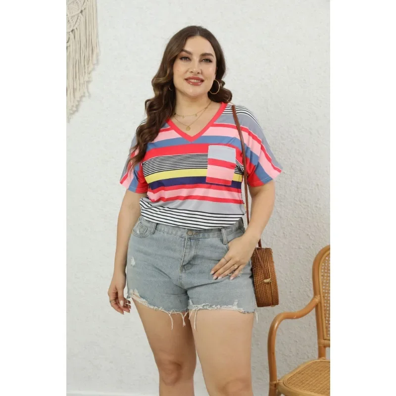 Plus Size 1XL-5XL Summer Women's Casual T-shirt V-neck Short Sleeved Striped T-shirt Comfortable Holiday Women's T-shirt
Plus Size 1XL-5XL Summer Women's Casual T-shirt V-neck Short Sleeved Striped T-shirt Comfortable Holiday Women's T-shirt