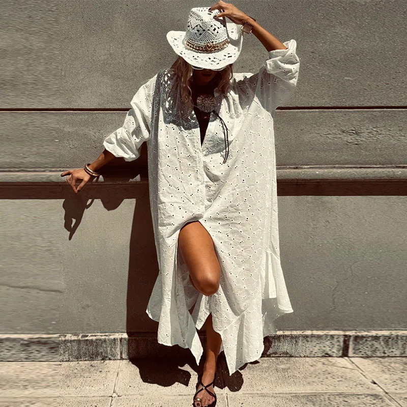 Elegant Lady Lapel Button Holiday Maxi Dresses White Irregular Hollow Out Party Dress Spring Summer New Long Sleeve Loose Dress
Elegant Lady Lapel Button Holiday Maxi Dresses White Irregular Hollow Out Party Dress Spring Summer New Long Sleeve Loose Dress