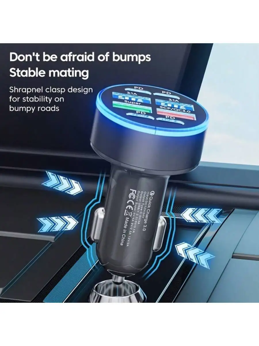 8-Port Universal Car Charger: 4 USB + 4 PD, QC3.0, LED Ring, Stable Clamp Design For iPhone, , OnePlus, Compact & Fast
8-Port Universal Car Charger: 4 USB + 4 PD, QC3.0, LED Ring, Stable Clamp Design For iPhone, , OnePlus, Compact & Fast