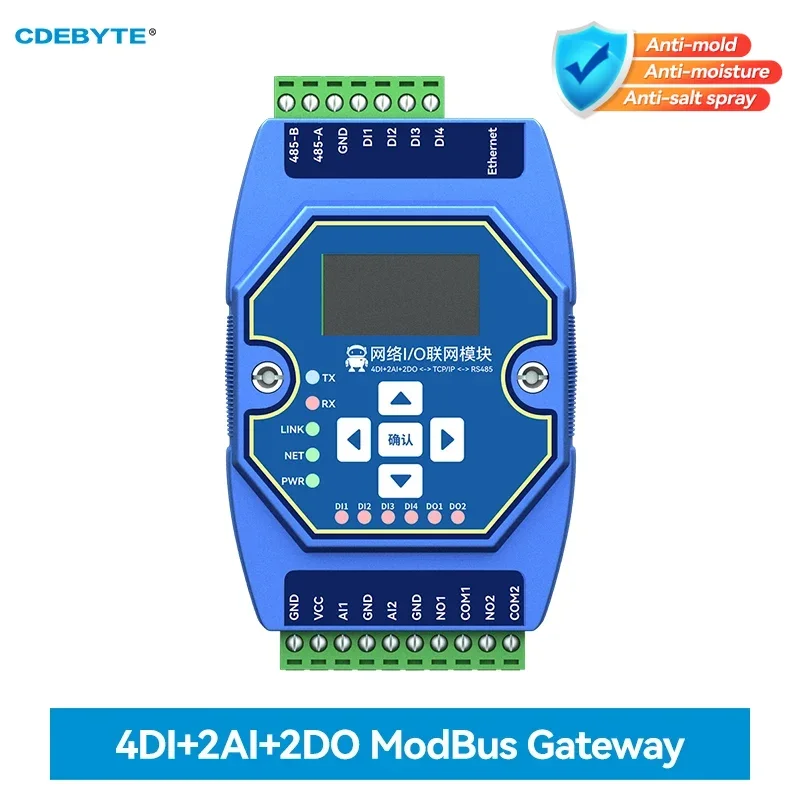 RS485 ModBus Ethernet I/O Network Acquisition Control Module ME31-AAAX4220 Rail Installation 4DI+2AI+2DO Industrial Grade 4~20mA
RS485 ModBus Ethernet I/O Network Acquisition Control Module ME31-AAAX4220 Rail Installation 4DI+2AI+2DO Industrial Grade 4~20mA