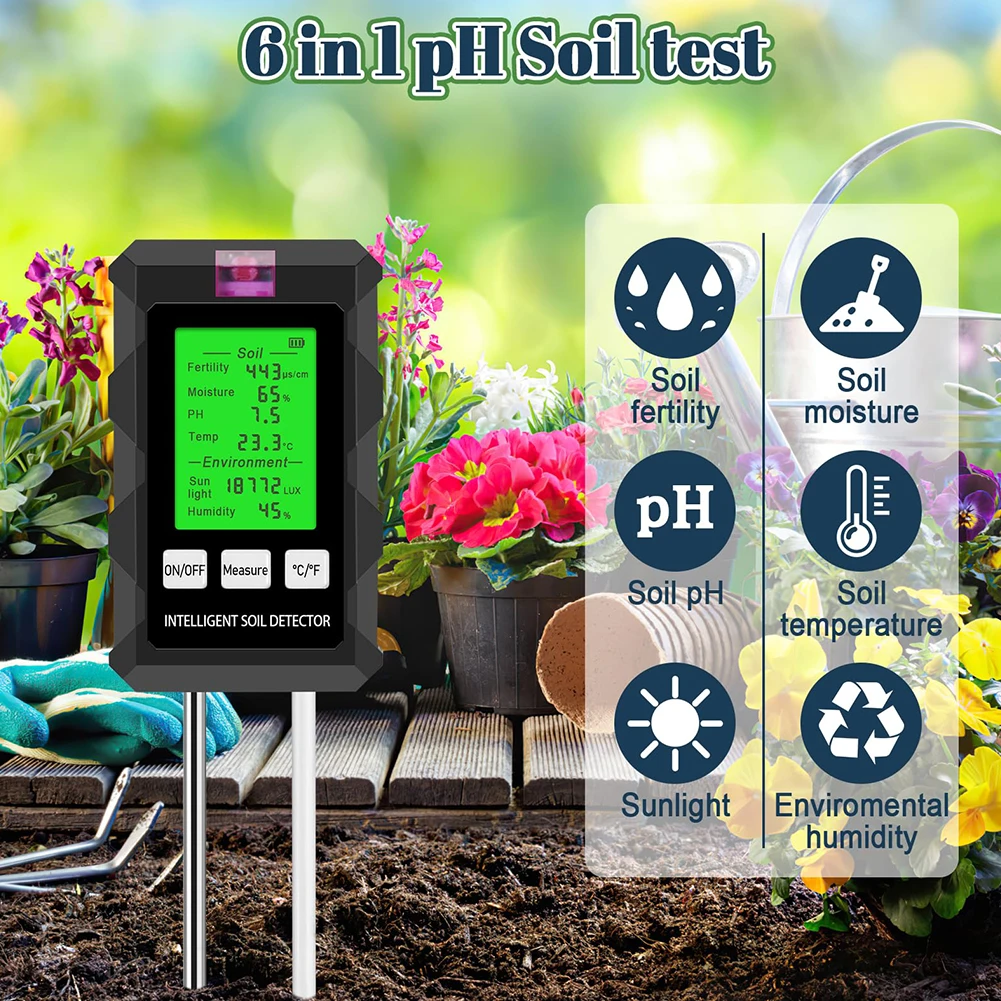 6 in 1 Digital LCD Soil Meter PH/Moisture/Temperature Soil Tester with Backlight for House Plants Garden Lawn Farm
6 in 1 Digital LCD Soil Meter PH/Moisture/Temperature Soil Tester with Backlight for House Plants Garden Lawn Farm