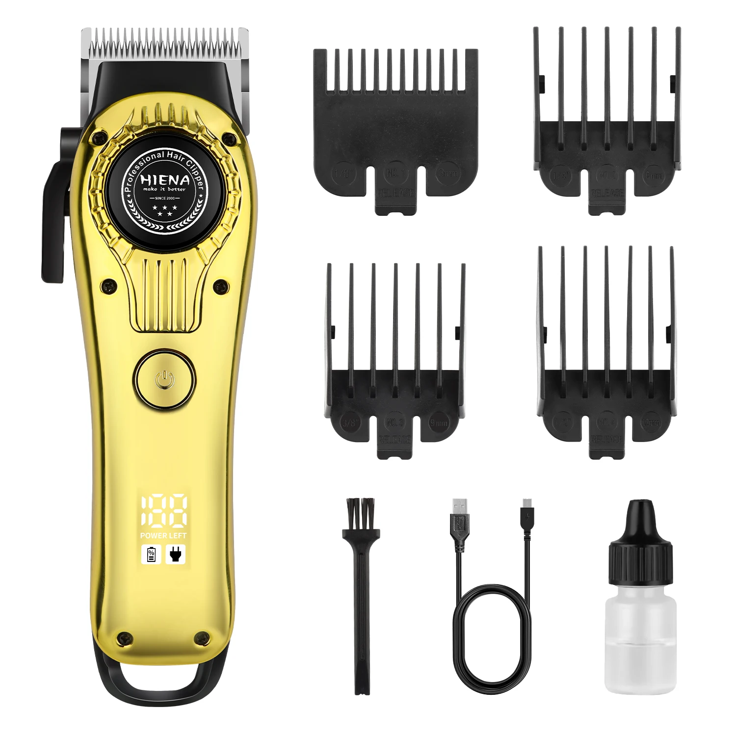 HIENA Gold Hair Clipper LED Display USB Rechargeable Electric Trimmer with 4 Guide Combs for Men Barber
HIENA Gold Hair Clipper LED Display USB Rechargeable Electric Trimmer with 4 Guide Combs for Men Barber