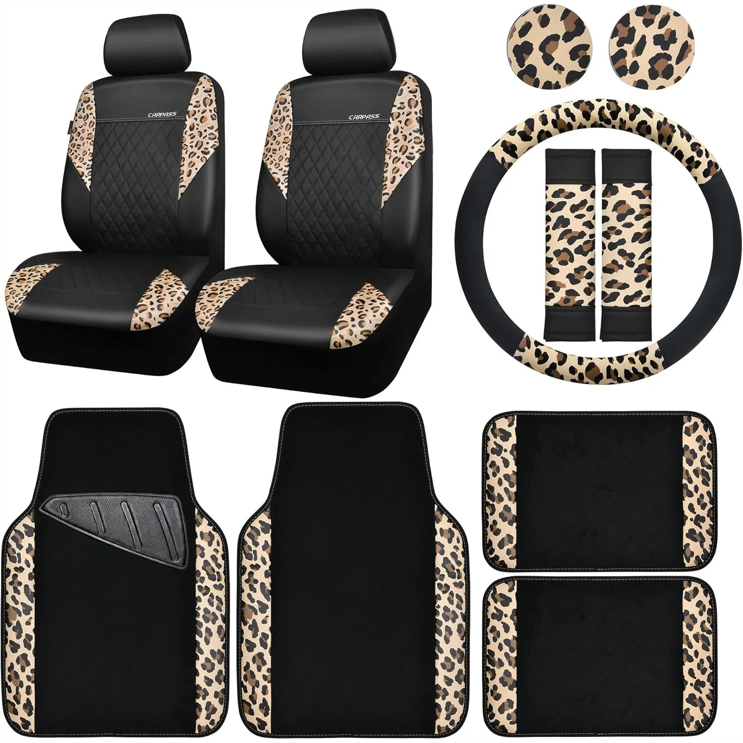 Leopard Print Faux Leather Car Seat Covers Set with Floor Mats, Steering Wheel Cover & More - Universal Fit for SUV, Van, Sedan
Leopard Print Faux Leather Car Seat Covers Set with Floor Mats, Steering Wheel Cover & More - Universal Fit for SUV, Van, Sedan