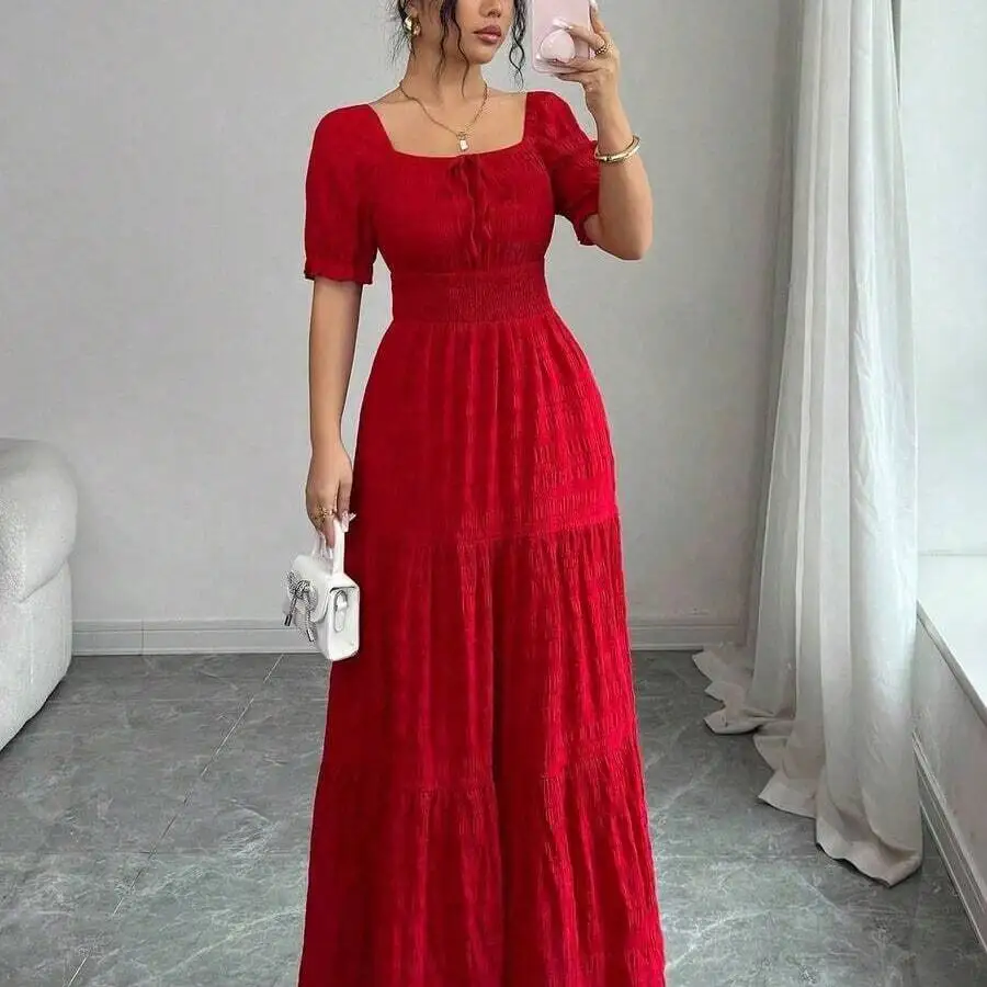 Elegant Red Square Neck Tiered Maxi Dress With Waist Tie And Short Puffed Sleeves
Elegant Red Square Neck Tiered Maxi Dress With Waist Tie And Short Puffed Sleeves