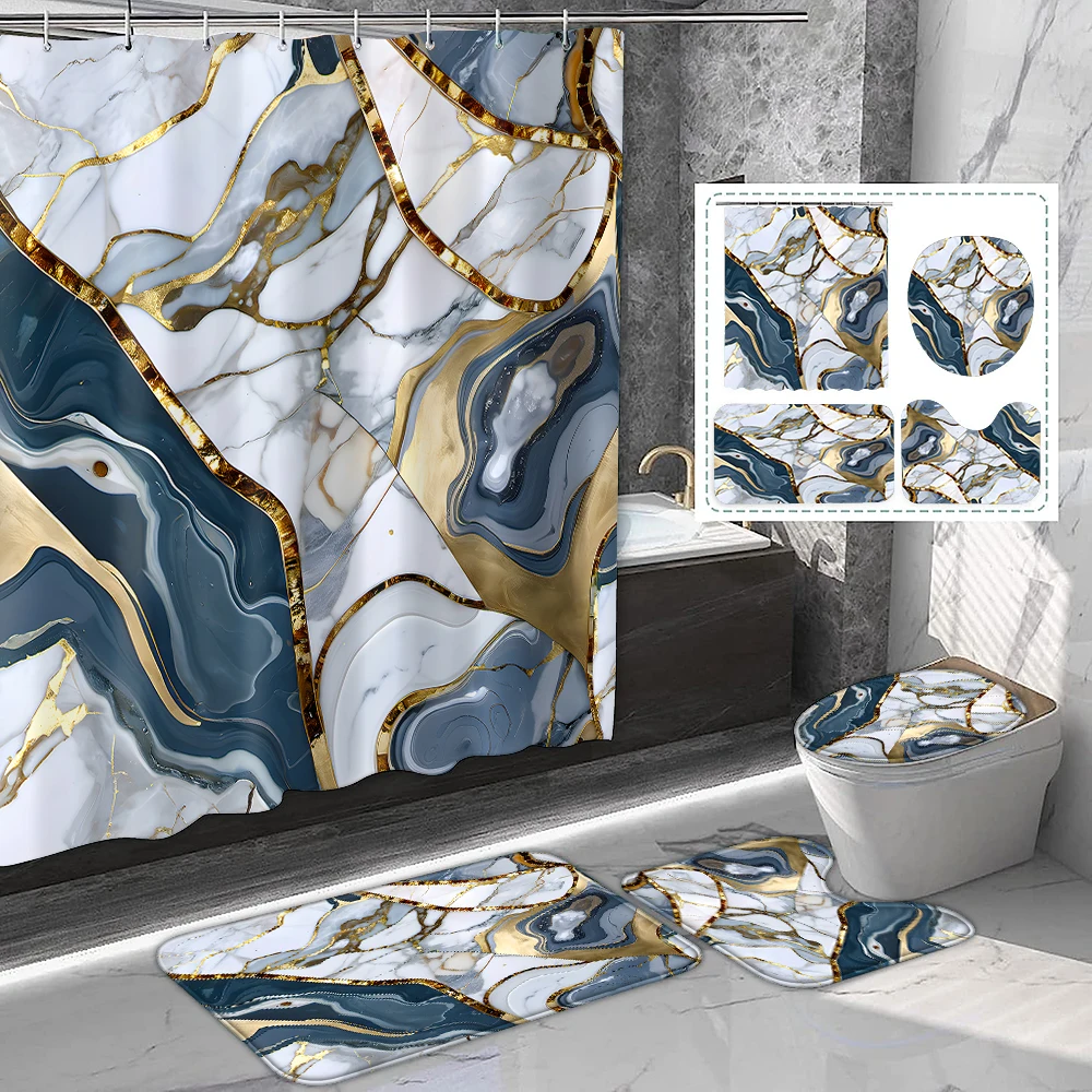 1 комплект сине-белых позолоченных мраморных штор для душа с крючками, ковриками для ванной и принадлежностями для ванной комнаты. 
1 комплект сине-белых позолоченных мраморных штор для душа с крючками, ковриками для ванной и принадлежностями для ванной комнаты.