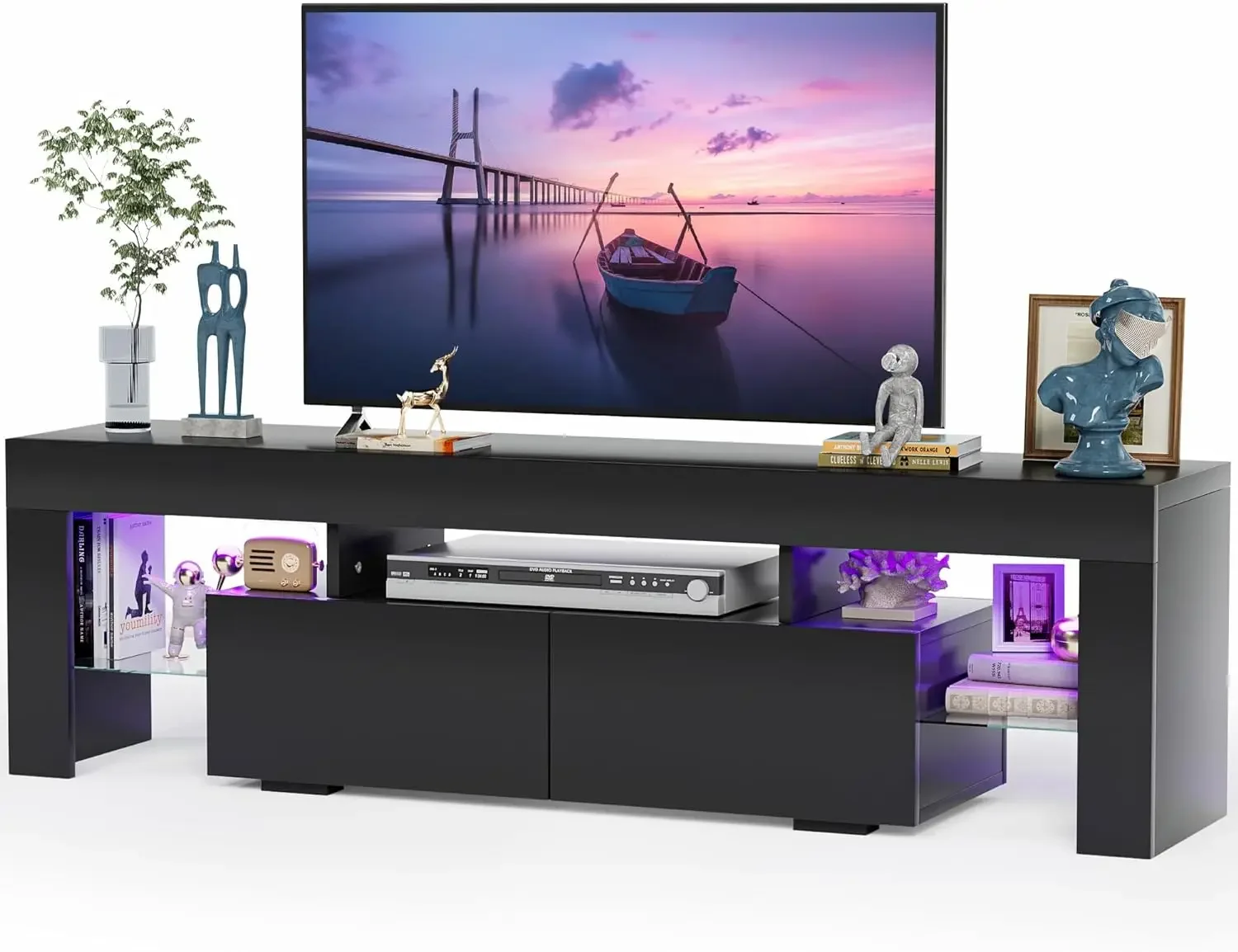 TV Stand with LED Lights, Modern Entertainment Center Media and Open Shelf Console Table Storage Desk with 1 Drawer
TV Stand with LED Lights, Modern Entertainment Center Media and Open Shelf Console Table Storage Desk with 1 Drawer