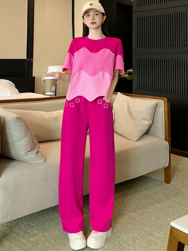 Fashionable Street Style Sportswear Set Women Summer Design Slimming Pink Short Sleeve T-Shirt Wide Leg Pants Two Piece Set
Fashionable Street Style Sportswear Set Women Summer Design Slimming Pink Short Sleeve T-Shirt Wide Leg Pants Two Piece Set