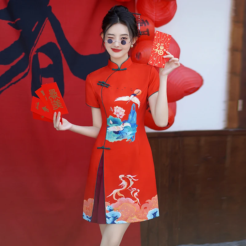 2025 Red National Tide Cheongsam Women Summer New Young Girls Qipao Modern Improved Splicing Chinese Short Sleeve Female Dresses
2025 Red National Tide Cheongsam Women Summer New Young Girls Qipao Modern Improved Splicing Chinese Short Sleeve Female Dresses