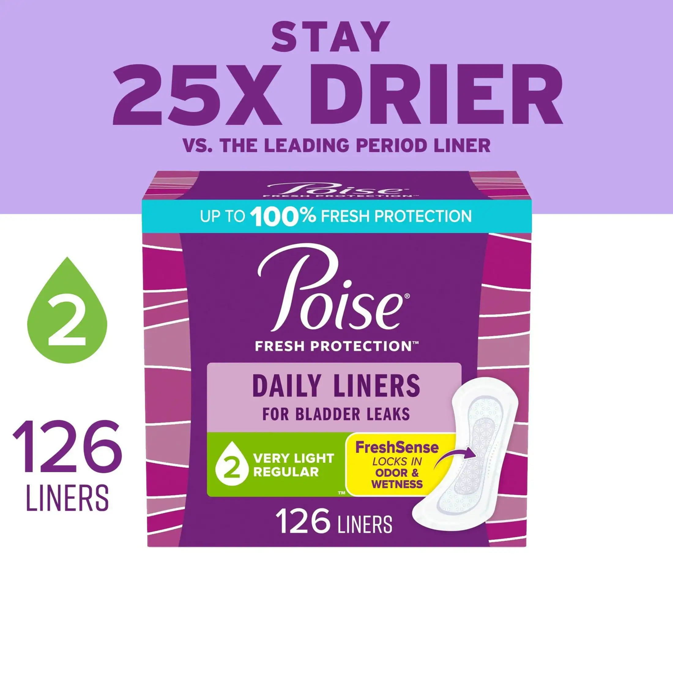 Daily Incontinence Panty Liners, 2 Drop Very Light Absorbency, Regular, 126 Count
Daily Incontinence Panty Liners, 2 Drop Very Light Absorbency, Regular, 126 Count