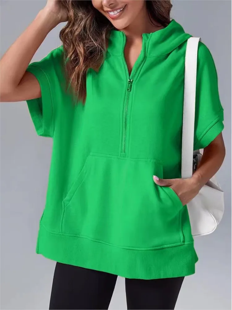 Women Fashion Solid Loose Sweatshirt Summer Short Sleeve Pocket Zipper Tops Female Casual High Street Sports Hooded Sweatshirt
Women Fashion Solid Loose Sweatshirt Summer Short Sleeve Pocket Zipper Tops Female Casual High Street Sports Hooded Sweatshirt