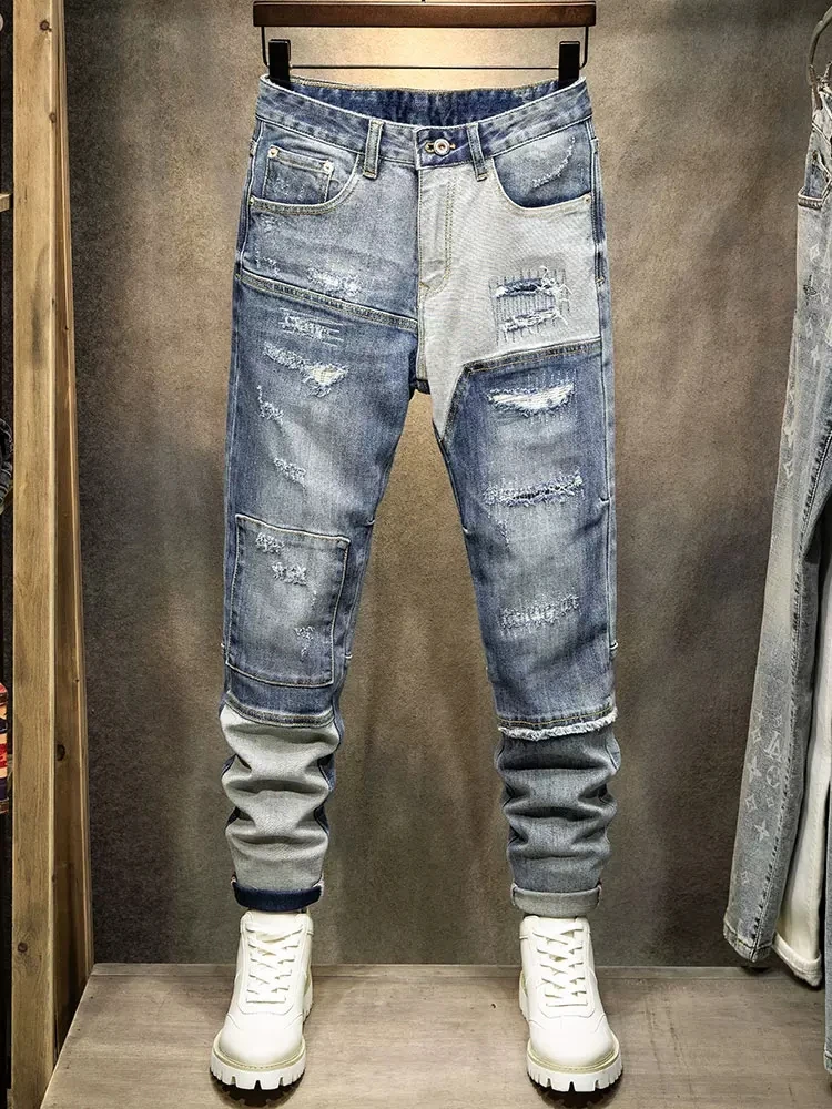 Street fashion men's jeans retro light blue patchwork designer elastic slim fit slit jeans men's retro long pants hip-hop denim
Street fashion men's jeans retro light blue patchwork designer elastic slim fit slit jeans men's retro long pants hip-hop denim