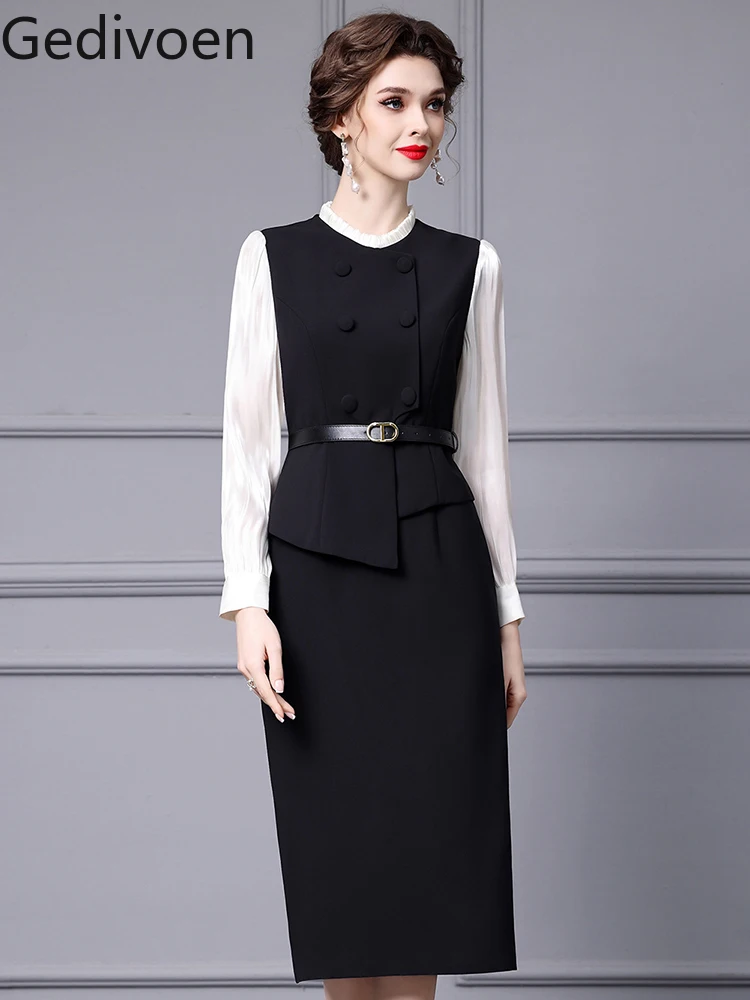 Gedivoen Fashion Designer Spring Women's Dresses Half open collar Patchwork Button and sashes Office Lady Pencildress
Gedivoen Fashion Designer Spring Women's Dresses Half open collar Patchwork Button and sashes Office Lady Pencildress