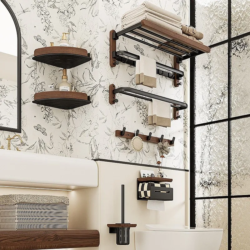 Walnut Wood Towel Rack No Drilling Bathroom Shelf Space Aluminum Wall Mounted Organizer
Walnut Wood Towel Rack No Drilling Bathroom Shelf Space Aluminum Wall Mounted Organizer