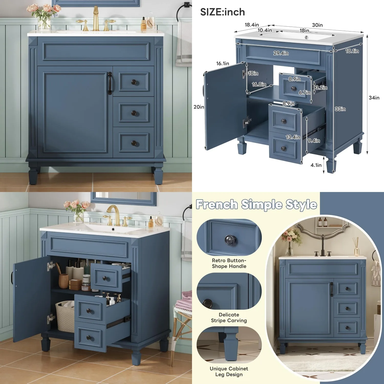 30 Bathroom Vanity Sink Combo Cabinet Drawers Storage Metal Handle Ceramic Top Wood Frame, Customized
30 Bathroom Vanity Sink Combo Cabinet Drawers Storage Metal Handle Ceramic Top Wood Frame, Customized