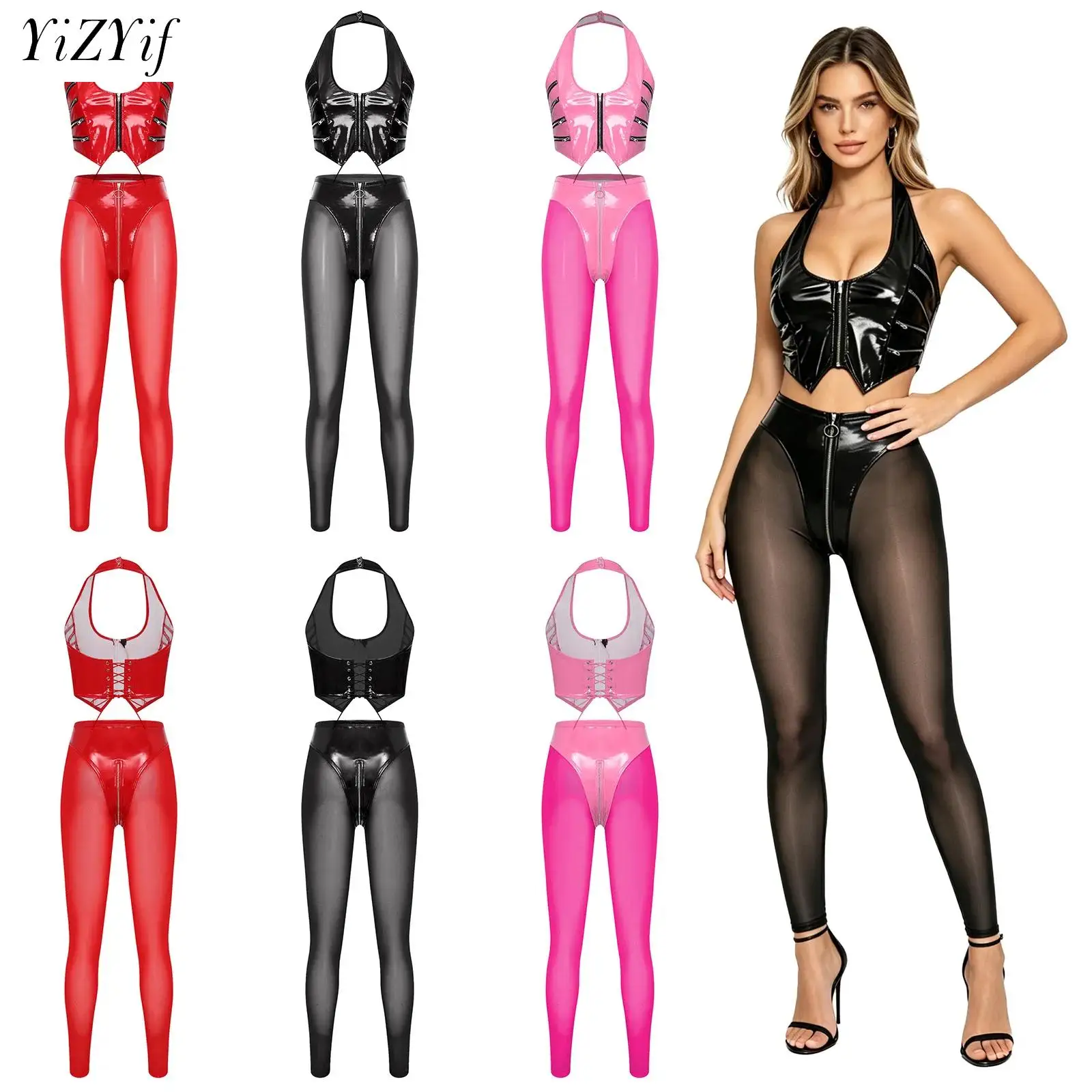 Women's Glossy PU Leather Sexy Clubwear Outfits Halter Back Lace-up Crop Top And Sheer Mesh Leggings for Nightclub Pole Dance
Women's Glossy PU Leather Sexy Clubwear Outfits Halter Back Lace-up Crop Top And Sheer Mesh Leggings for Nightclub Pole Dance