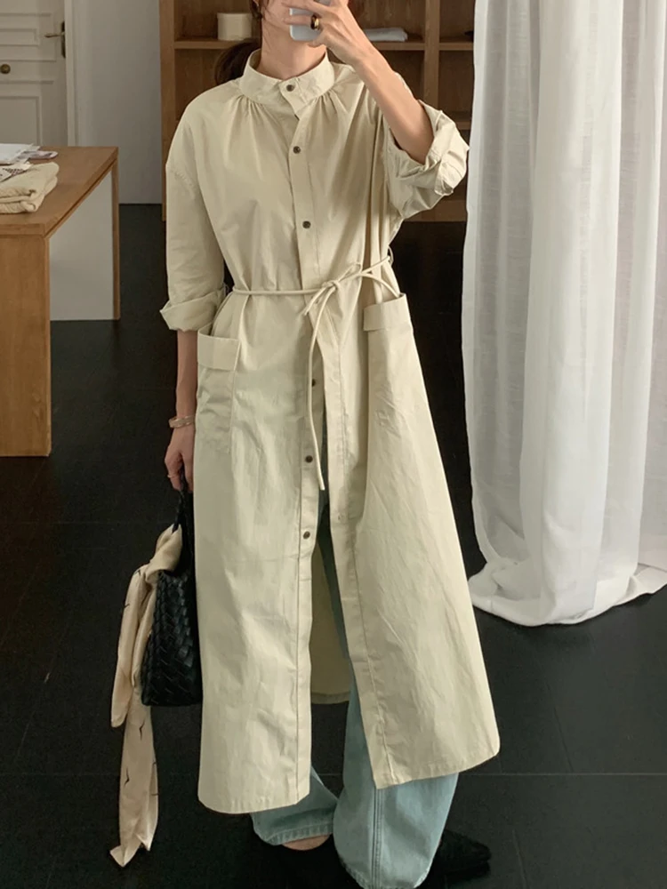 Stand Collar Long Sleeve Shirt Dress Women Lace-Up Pocket Long Dress Sashes Loose Casual Solid Apricot Gray Dresses Female
Stand Collar Long Sleeve Shirt Dress Women Lace-Up Pocket Long Dress Sashes Loose Casual Solid Apricot Gray Dresses Female