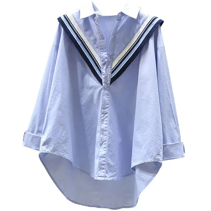 Fashion Women Blouses 2024 Spring Autumn Button Polo-Neck Patchwork Striped Knitted Long Sleeve Loose Asymmetry All-match Shirt
Fashion Women Blouses 2024 Spring Autumn Button Polo-Neck Patchwork Striped Knitted Long Sleeve Loose Asymmetry All-match Shirt