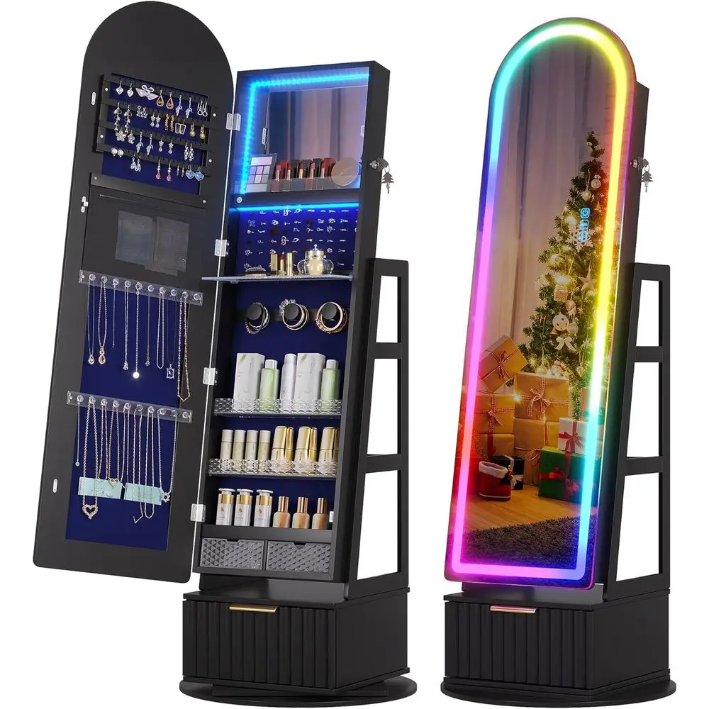 Contemporary Black Swivel Mirrored Jewelry Cabinet with RGB Lighting and Lockable Storage
Contemporary Black Swivel Mirrored Jewelry Cabinet with RGB Lighting and Lockable Storage