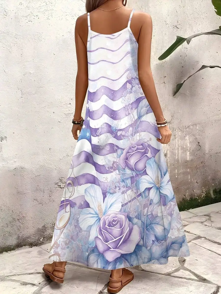 Purple White Watercolor Floral Print Spaghetti Strap A-Line Long Dress For Women
Purple White Watercolor Floral Print Spaghetti Strap A-Line Long Dress For Women