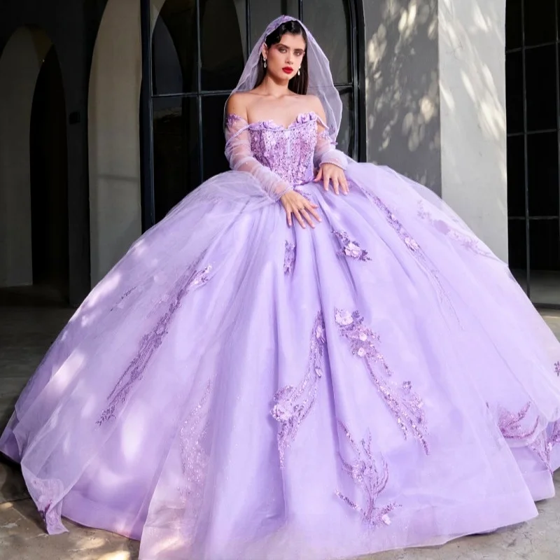 Customized Lavender Purple Off Shoulder Quinceanera Dress sequin applique 3D flower Tull Lace vestidos de 15 Quinceanera
Customized Lavender Purple Off Shoulder Quinceanera Dress sequin applique 3D flower Tull Lace vestidos de 15 Quinceanera 