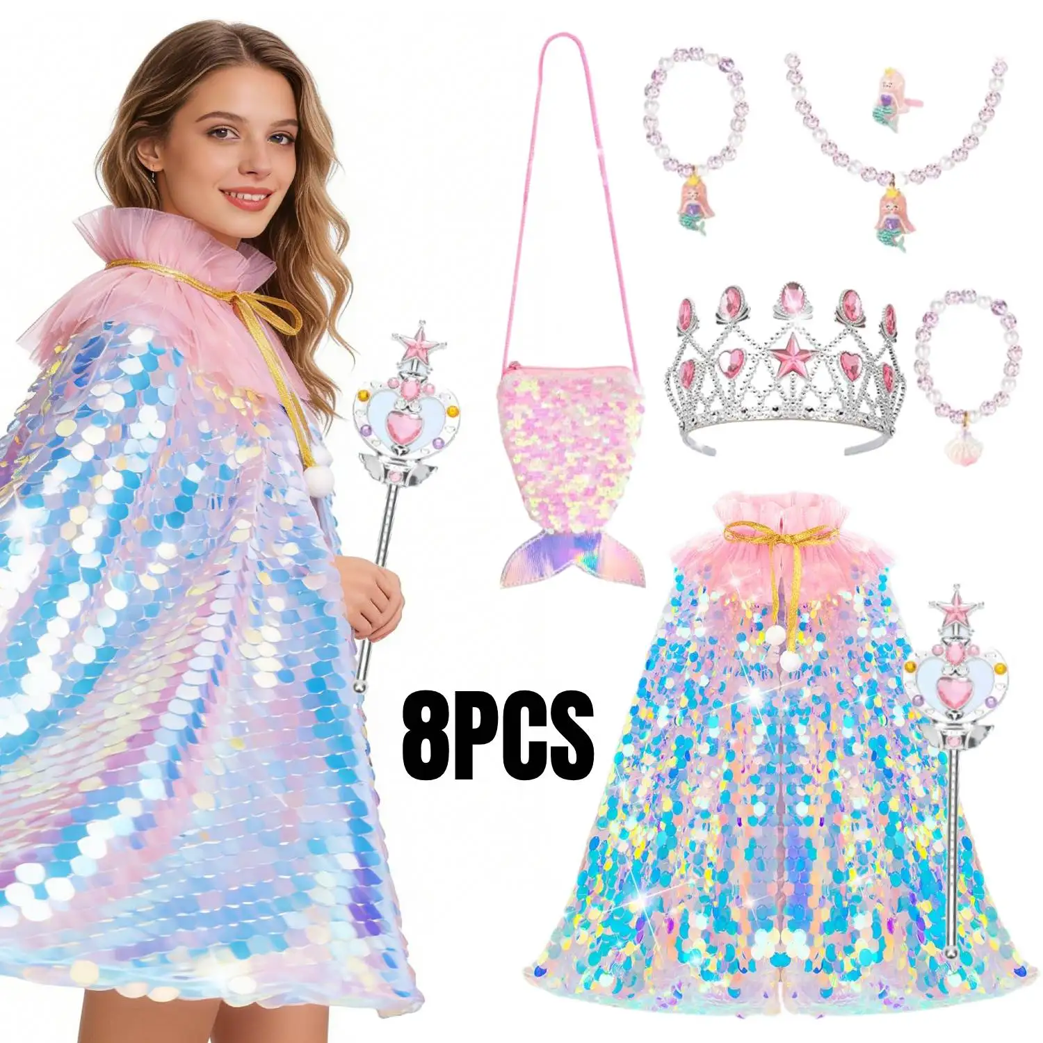 8PCS Sparkling Mermaid Costume Accessories for Women, Mermaid Cape with Crown, Necklace, Ring, Cute Princess Dress Up
8PCS Sparkling Mermaid Costume Accessories for Women, Mermaid Cape with Crown, Necklace, Ring, Cute Princess Dress Up