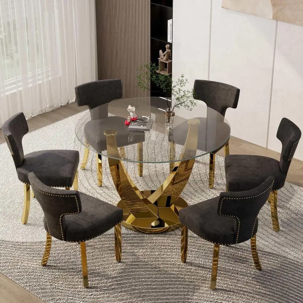 47.2 Round Glass Dining Table with 6 Upholstered Fabric Chairs, 7-Piece Modern Dining Set in Black
47.2 Round Glass Dining Table with 6 Upholstered Fabric Chairs, 7-Piece Modern Dining Set in Black