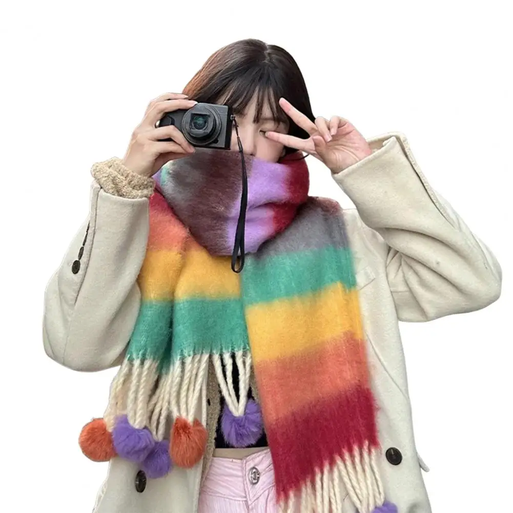 Women Accessory Colorful Striped Scarf with Plush Balls Tassel for Winter Thickened Warm Couple Scarf Women's Fashion Accessory
Women Accessory Colorful Striped Scarf with Plush Balls Tassel for Winter Thickened Warm Couple Scarf Women's Fashion Accessory