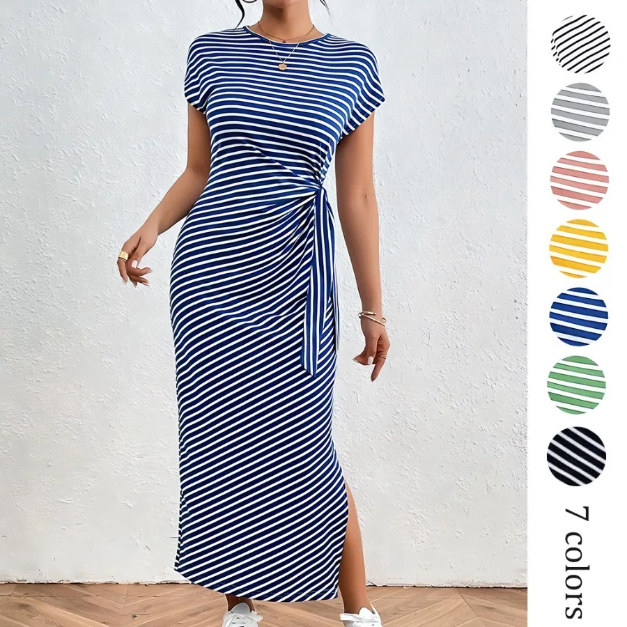 【New style】Self-developed striped dress New striped figure-flattering waist figure-flattering slit round collar dress for women
【New style】Self-developed striped dress New striped figure-flattering waist figure-flattering slit round collar dress for women