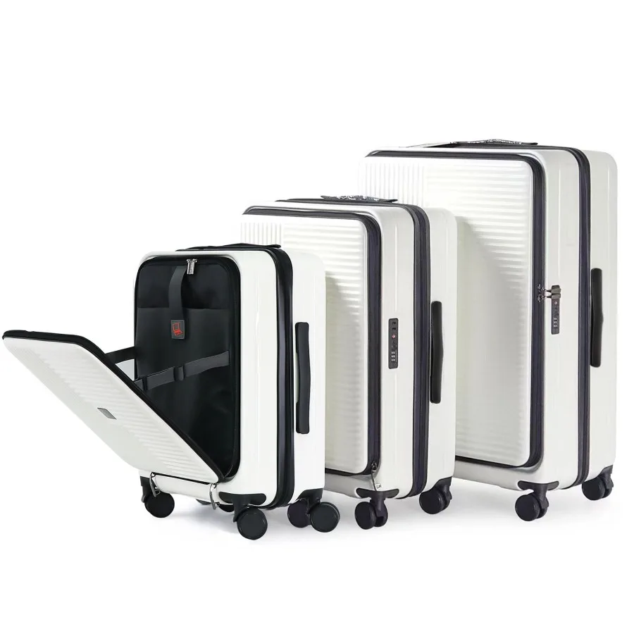 Luggage with front opening, TSA approved lock, hardshell suitcase in white for travel convenience and security
Luggage with front opening, TSA approved lock, hardshell suitcase in white for travel convenience and security