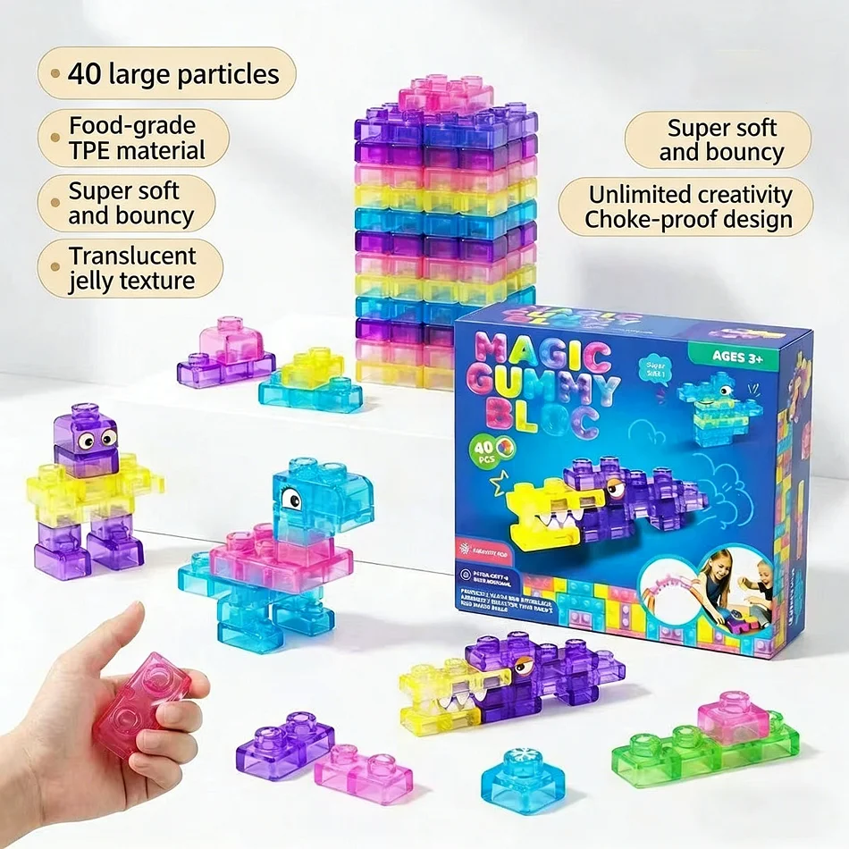 40pcs Bouncy jelly Sensory Soft Building Kids Educational Stress relief Toys Soft rubber silicone Soft Jelly Building Blocks Set
40pcs Bouncy jelly Sensory Soft Building Kids Educational Stress relief Toys Soft rubber silicone Soft Jelly Building Blocks Set