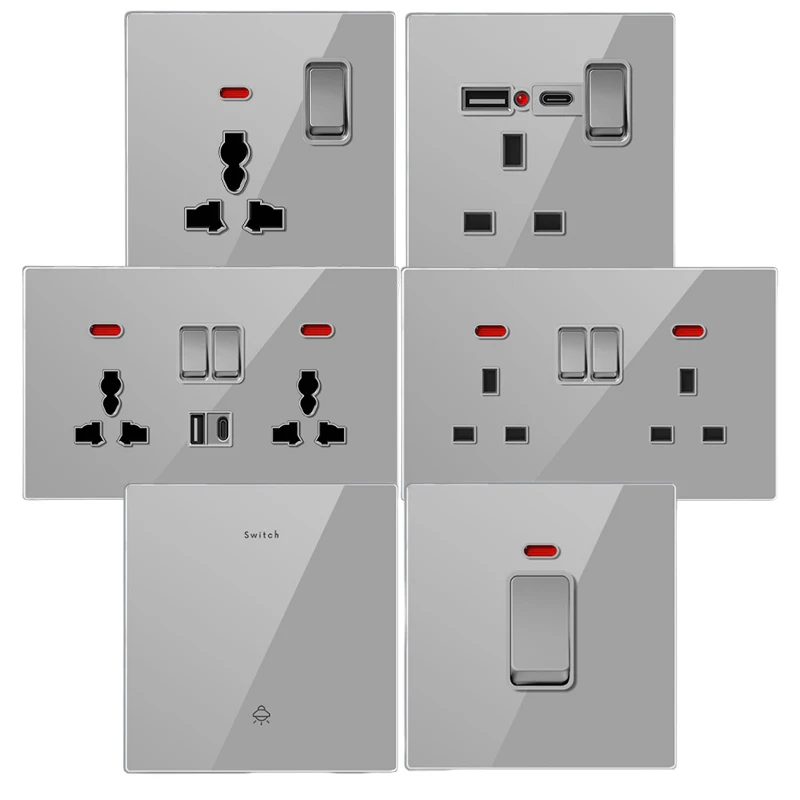Роскошная серая панель из закаленного стекла Великобритания 13 а, двойная розетка и переключатель с 3 контактами, универсальная настенная розетка USB C европейского стандарта
Роскошная серая панель из закаленного стекла Великобритания 13 а, двойная розетка и переключатель с 3 контактами, универсальная настенная розетка USB C европейского стандарта