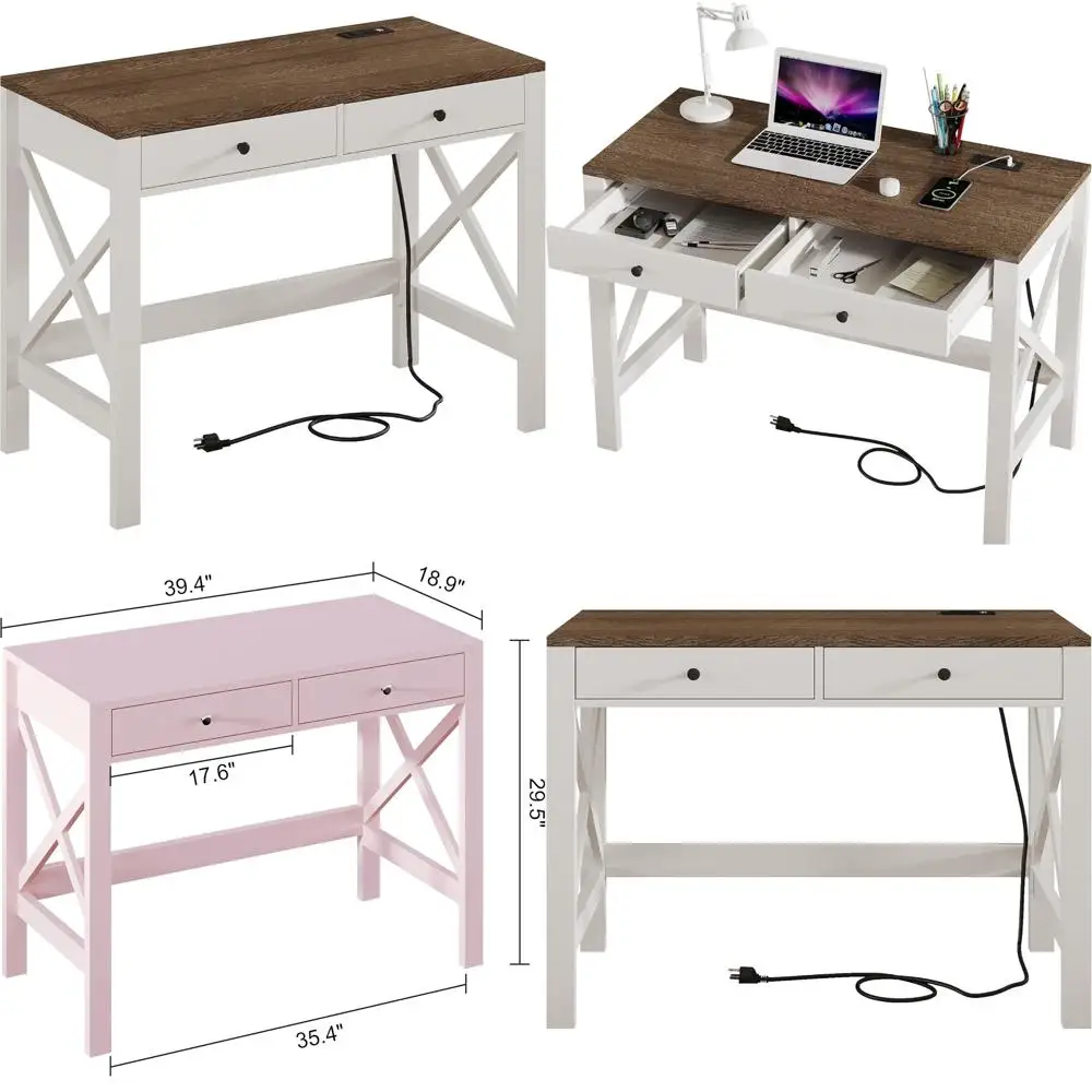 USB Charging & Power Outlet Equipped 39 Farmhouse Desk, Compact Study Writing Table with Drawers 
USB Charging & Power Outlet Equipped 39 Farmhouse Desk, Compact Study Writing Table with Drawers