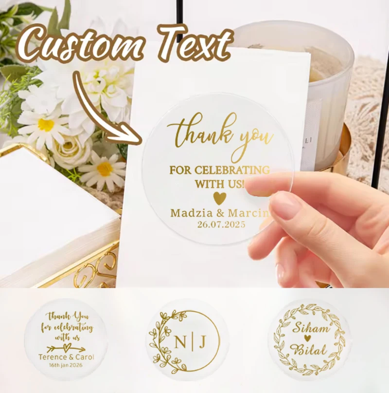 Custom 100pcs Clear Gold Foil Stickers Wedding Party Gift Tag Stickers Envelopes Save the Date Thank You Favor Sticker for Guest
Custom 100pcs Clear Gold Foil Stickers Wedding Party Gift Tag Stickers Envelopes Save the Date Thank You Favor Sticker for Guest