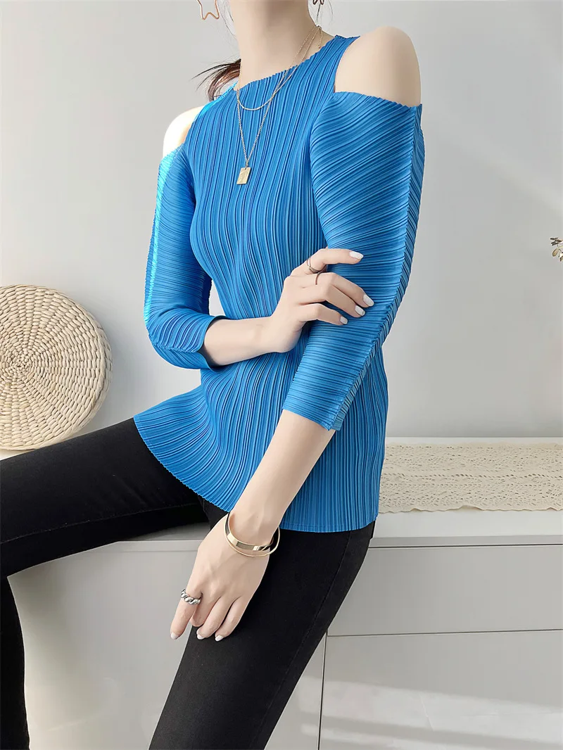 Miyake pleated sexy slim women's tops 2022 summer new off-the-shoulder mid-length three-quarter sleeve folda basic fashion Tees
Miyake pleated sexy slim women's tops 2022 summer new off-the-shoulder mid-length three-quarter sleeve folda basic fashion Tees