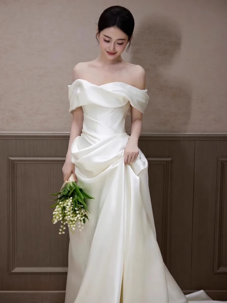 Silk Satin Light Wedding Dr One oulder Bride Gown White Ceremony Outfit Forest System Guest Arrival awl High End Feel
Silk Satin Light Wedding Dr One oulder Bride Gown White Ceremony Outfit Forest System Guest Arrival awl High End Feel