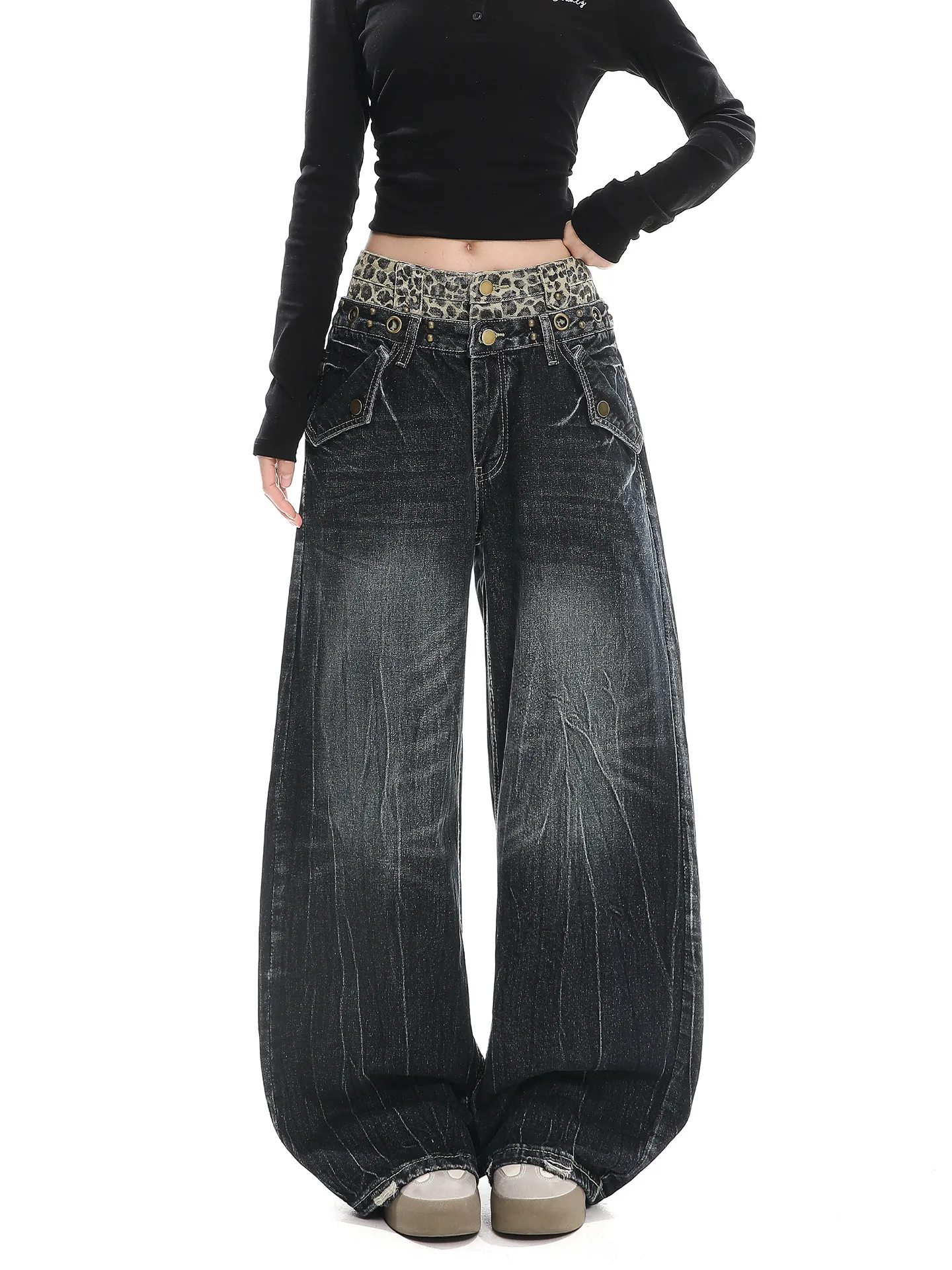 Retro American Leopard Print Double Waist Rivet Denim Pants Women's Spring Autumn High Waist Loose Wide Leg Long Trousers
Retro American Leopard Print Double Waist Rivet Denim Pants Women's Spring Autumn High Waist Loose Wide Leg Long Trousers