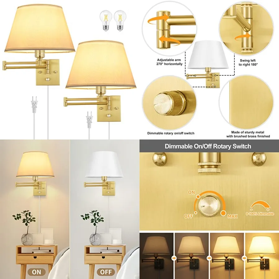 Dimmable Wall Sconce Plug in, Brushed Brass Wall Sconces Set of 2 Swing Arm Wall Lights with Plug in Cord and Dimmer On/Off Kno
Dimmable Wall Sconce Plug in, Brushed Brass Wall Sconces Set of 2 Swing Arm Wall Lights with Plug in Cord and Dimmer On/Off Kno